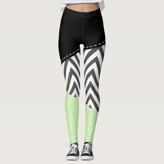 Gray Zigzag, Gray Chevron, Zigzag Pattern, Mint Leggings (Front)