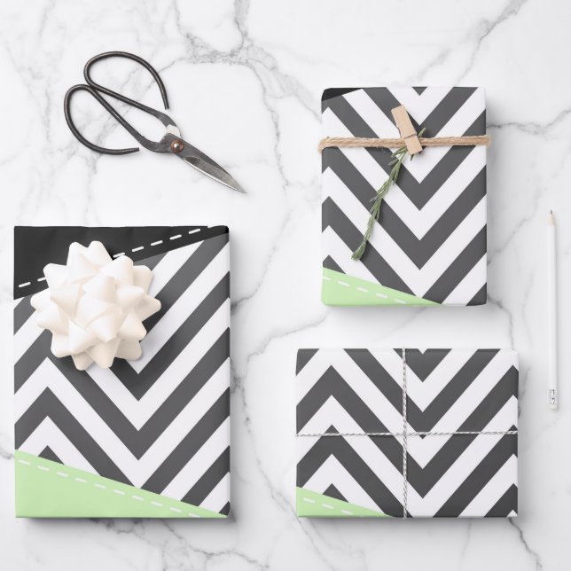 Gray Zigzag, Gray Chevron, Zigzag Pattern, Mint Wrapping Paper Sheets (Front)