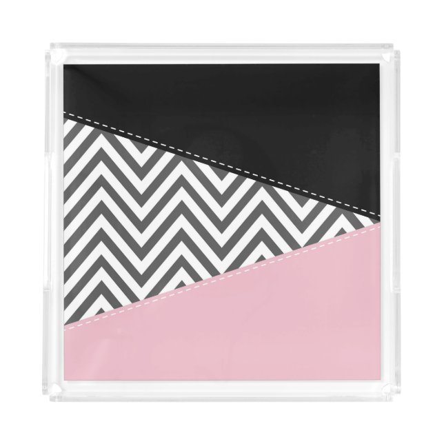 Gray Zigzag, Gray Chevron, Zigzag Pattern, Pink Acrylic Tray (Front)