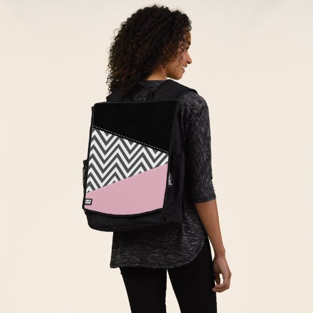 Gray Zigzag, Gray Chevron, Zigzag Pattern, Pink Backpack (Worn)