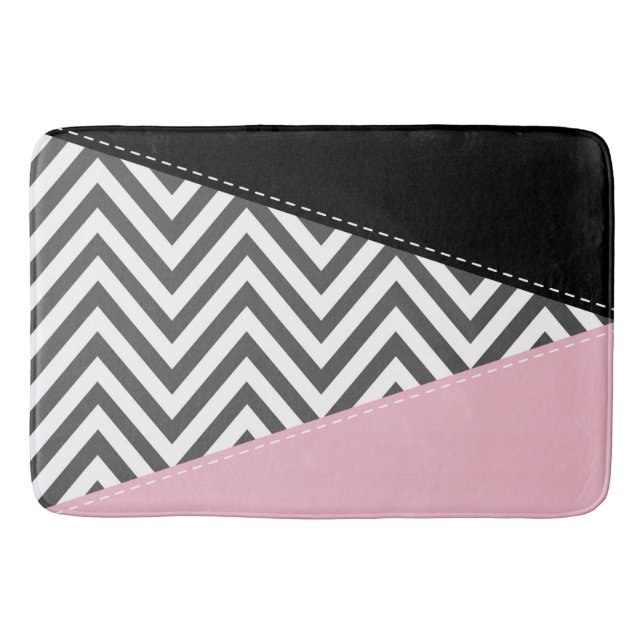 Gray Zigzag, Gray Chevron, Zigzag Pattern, Pink Bath Mat (Front)