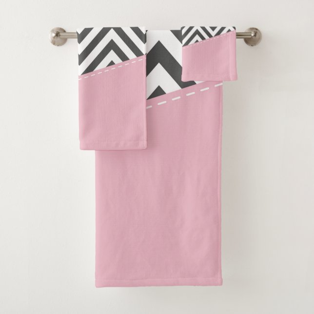 Gray Zigzag, Gray Chevron, Zigzag Pattern, Pink Bath Towel Set (Insitu)