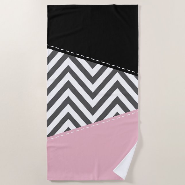 Gray Zigzag, Gray Chevron, Zigzag Pattern, Pink Beach Towel (Front)