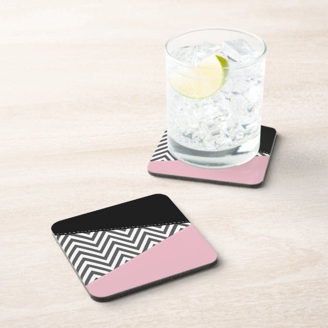 Gray Zigzag, Gray Chevron, Zigzag Pattern, Pink Beverage Coaster (Right Side)