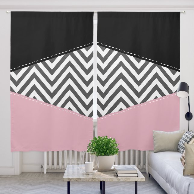 Gray Zigzag, Gray Chevron, Zigzag Pattern, Pink Blackout Curtains (Living Room)