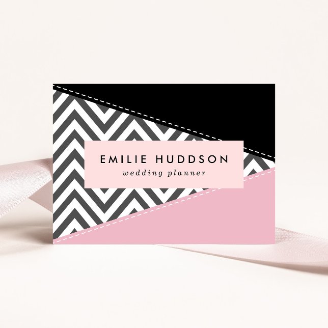 Gray Zigzag, Gray Chevron, Zigzag Pattern, Pink Business Card (Creator Uploaded)