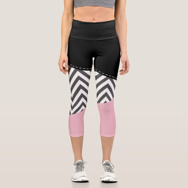 Gray Zigzag, Gray Chevron, Zigzag Pattern, Pink Capri Leggings (Front)