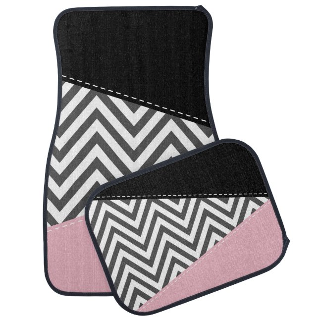 Gray Zigzag, Gray Chevron, Zigzag Pattern, Pink Car Floor Mat (Set)