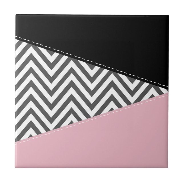 Gray Zigzag, Gray Chevron, Zigzag Pattern, Pink Ceramic Tile (Front)