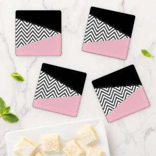 Gray Zigzag, Gray Chevron, Zigzag Pattern, Pink Coaster Set