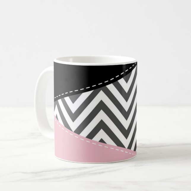 Gray Zigzag, Gray Chevron, Zigzag Pattern, Pink Coffee Mug (Front Left)