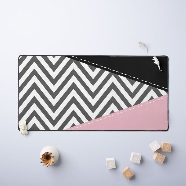 Gray Zigzag, Gray Chevron, Zigzag Pattern, Pink Desk Mat (Kids Table)