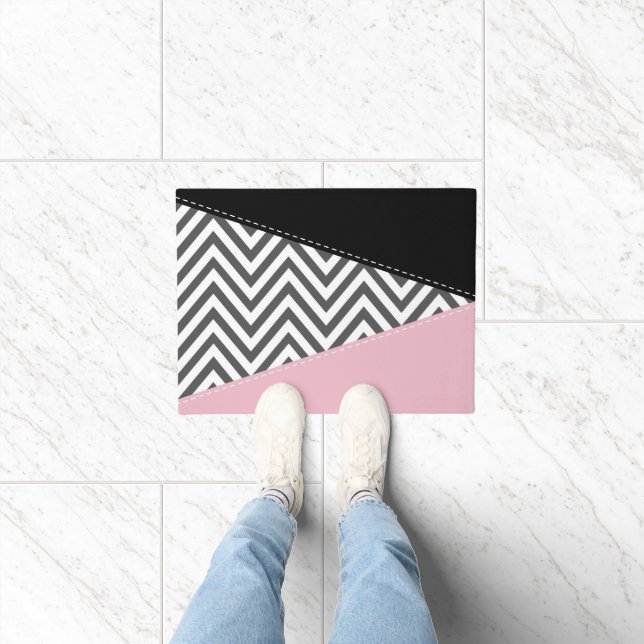 Gray Zigzag, Gray Chevron, Zigzag Pattern, Pink Doormat (Indoor)