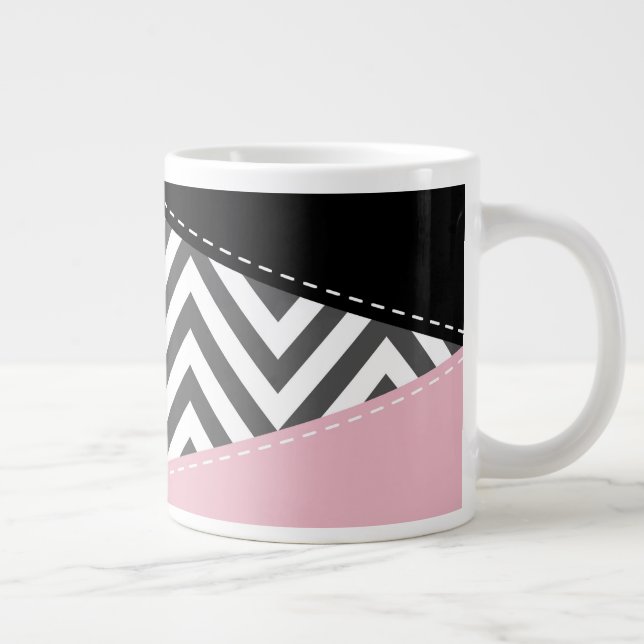 Gray Zigzag, Gray Chevron, Zigzag Pattern, Pink Giant Coffee Mug (Right)