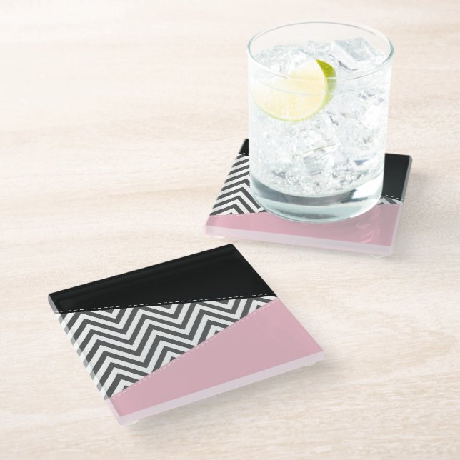 Gray Zigzag, Gray Chevron, Zigzag Pattern, Pink Glass Coaster (Angled)