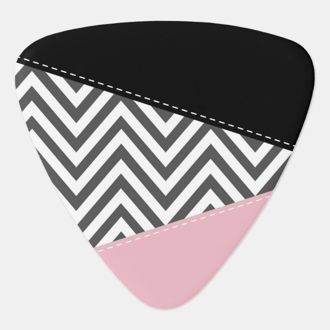 Gray Zigzag, Gray Chevron, Zigzag Pattern, Pink Guitar Pick (Front)