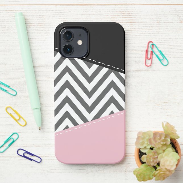 Gray Zigzag, Gray Chevron, Zigzag Pattern, Pink iPhone Case (On Desk)