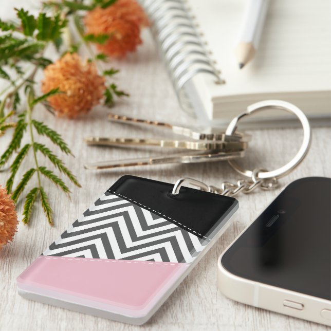 Gray Zigzag, Gray Chevron, Zigzag Pattern, Pink Keychain (Front Right)