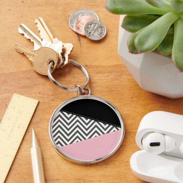 Gray Zigzag, Gray Chevron, Zigzag Pattern, Pink Keychain (Desk)