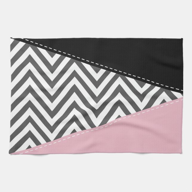 Gray Zigzag, Gray Chevron, Zigzag Pattern, Pink Kitchen Towel (Horizontal)