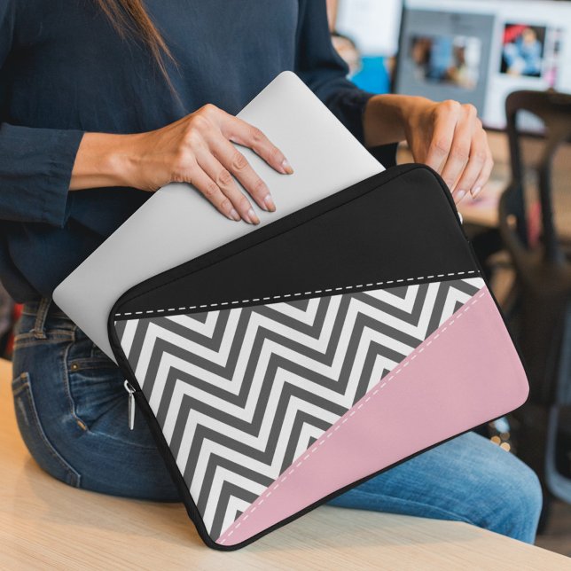 Gray Zigzag, Gray Chevron, Zigzag Pattern, Pink Laptop Sleeve (Creator Uploaded)