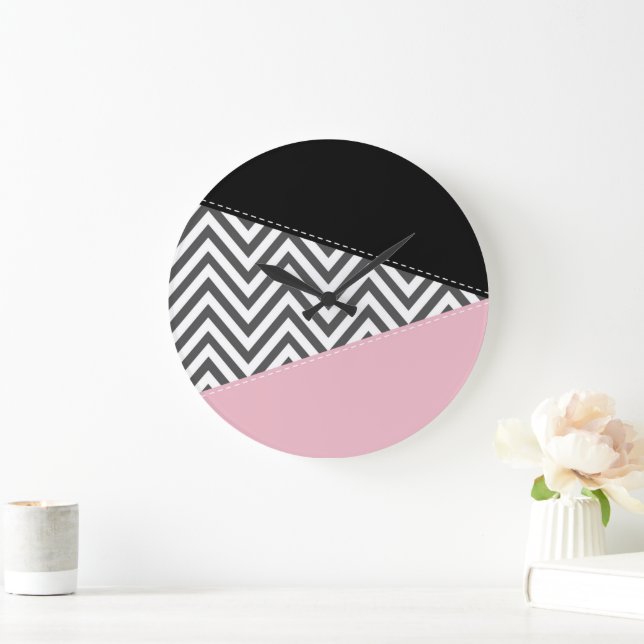 Gray Zigzag, Gray Chevron, Zigzag Pattern, Pink Large Clock (Home)