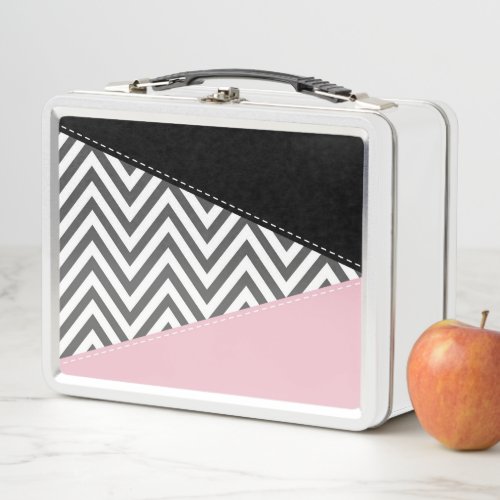 Gray Zigzag Gray Chevron Zigzag Pattern Pink Metal Lunch Box