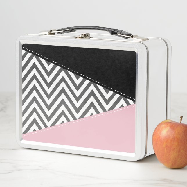 Gray Zigzag, Gray Chevron, Zigzag Pattern, Pink Metal Lunch Box (In Situ)