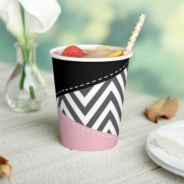 Gray Zigzag, Gray Chevron, Zigzag Pattern, Pink Paper Cups (Insitu)