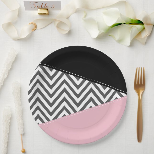 Gray Zigzag, Gray Chevron, Zigzag Pattern, Pink Paper Plates (Wedding)