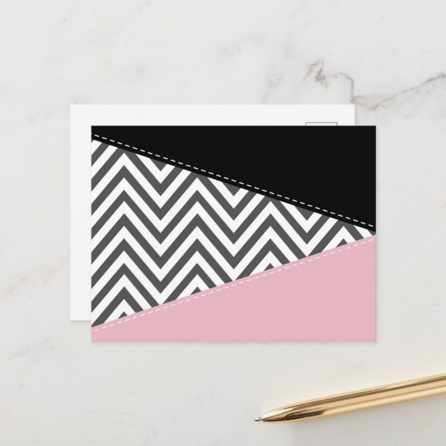 Gray Zigzag, Gray Chevron, Zigzag Pattern, Pink Postcard (Front/Back In Situ)