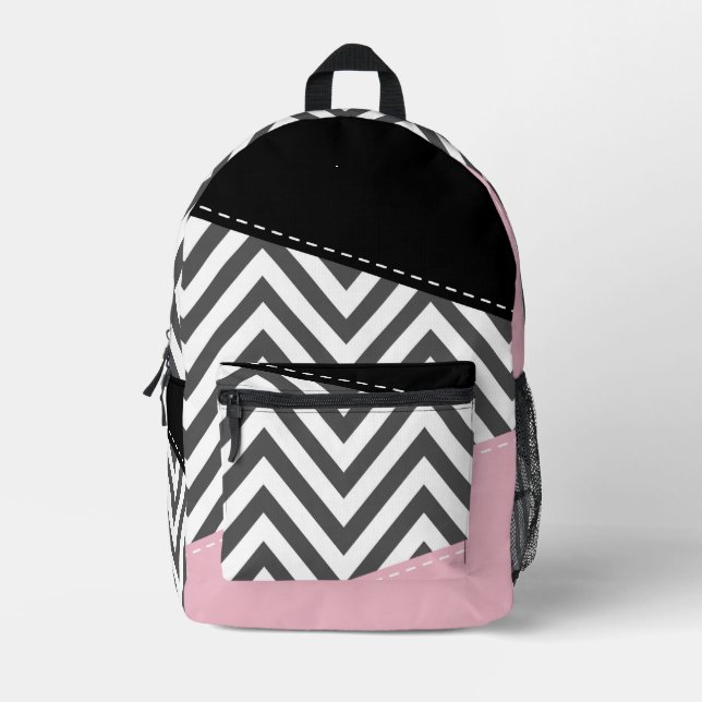 Gray Zigzag, Gray Chevron, Zigzag Pattern, Pink Printed Backpack (Front)