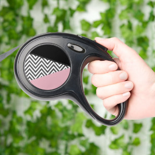 Gray Zigzag, Gray Chevron, Zigzag Pattern, Pink Retractable Pet Leash