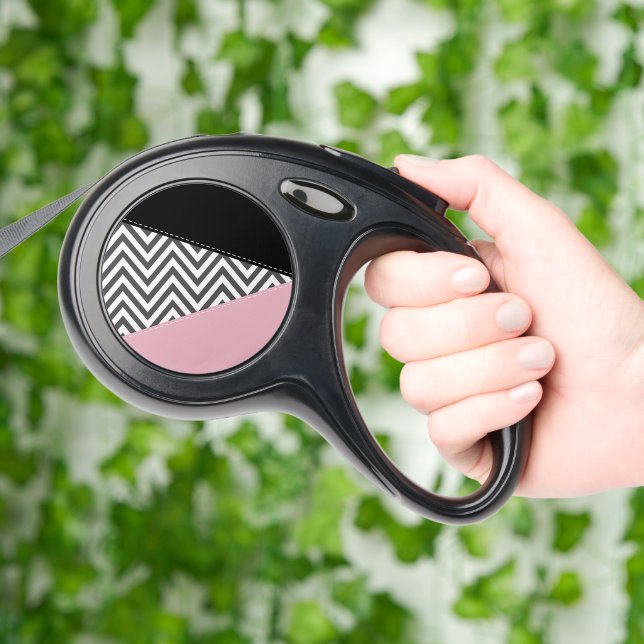 Gray Zigzag, Gray Chevron, Zigzag Pattern, Pink Retractable Pet Leash (Hand)
