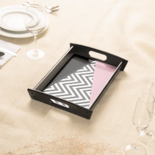 Gray Zigzag, Gray Chevron, Zigzag Pattern, Pink Serving Tray