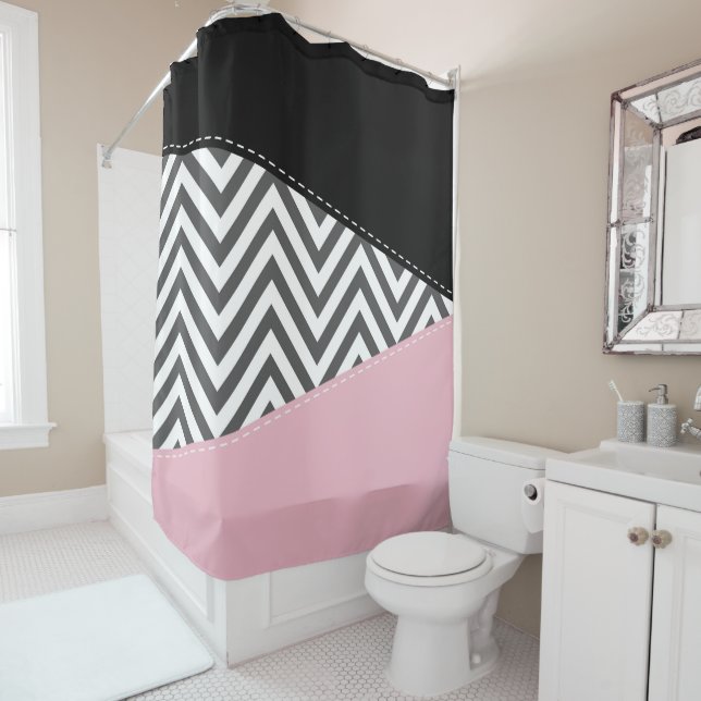 Gray Zigzag, Gray Chevron, Zigzag Pattern, Pink Shower Curtain (In Situ)