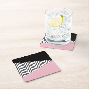Gray Zigzag, Gray Chevron, Zigzag Pattern, Pink Square Paper Coaster