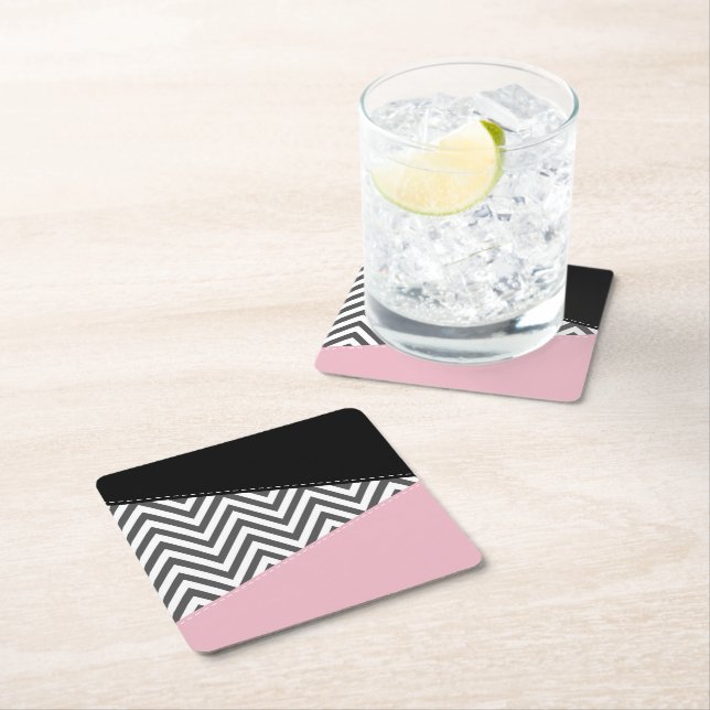 Gray Zigzag, Gray Chevron, Zigzag Pattern, Pink Square Paper Coaster (Insitu)