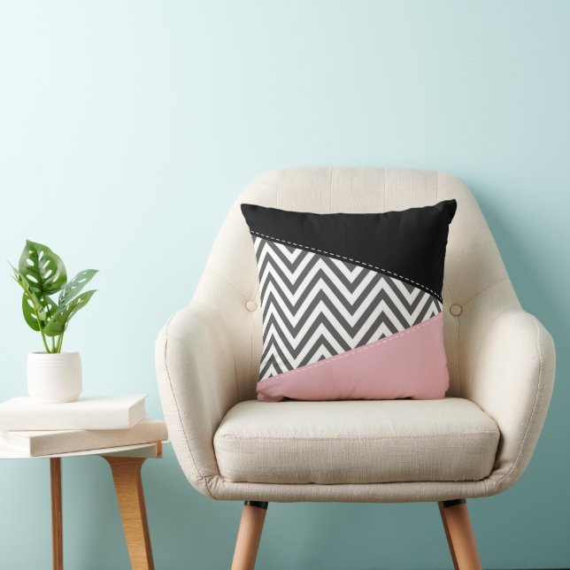Gray Zigzag, Gray Chevron, Zigzag Pattern, Pink Throw Pillow (Chair)