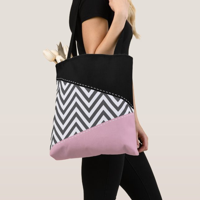 Gray Zigzag, Gray Chevron, Zigzag Pattern, Pink Tote Bag (Close Up)