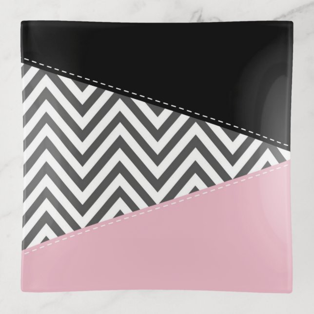 Gray Zigzag, Gray Chevron, Zigzag Pattern, Pink Trinket Tray (Front)