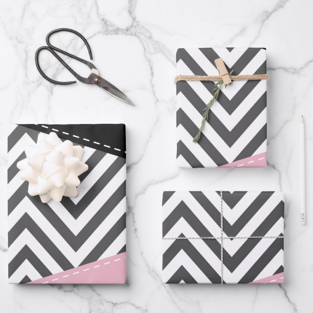 Gray Zigzag, Gray Chevron, Zigzag Pattern, Pink Wrapping Paper Sheets (Front)