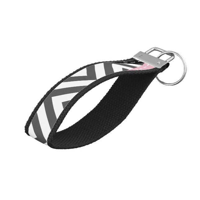 Gray Zigzag, Gray Chevron, Zigzag Pattern, Pink Wrist Keychain (Angled Up)