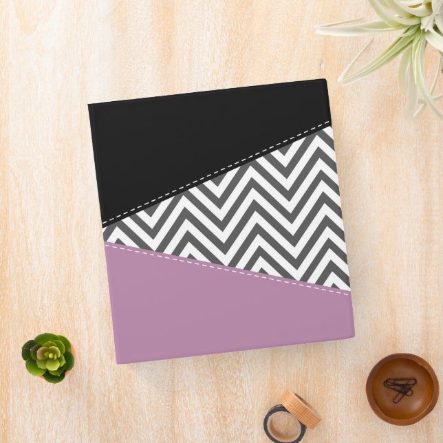 Gray Zigzag, Gray Chevron, Zigzag Pattern, Purple 3 Ring Binder (In Situ)