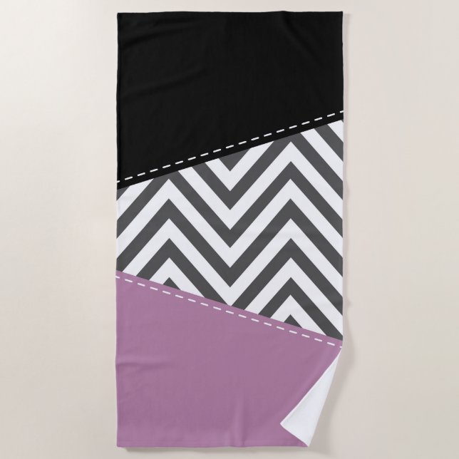 Gray Zigzag, Gray Chevron, Zigzag Pattern, Purple Beach Towel (Front)
