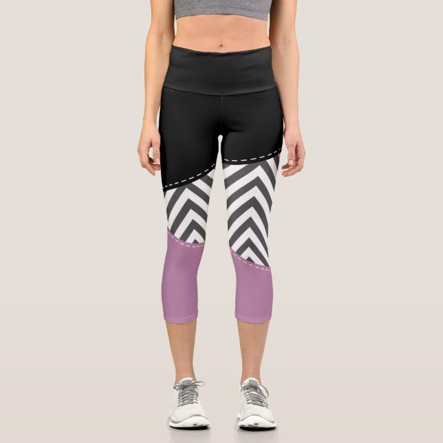 Gray Zigzag, Gray Chevron, Zigzag Pattern, Purple Capri Leggings (Front)