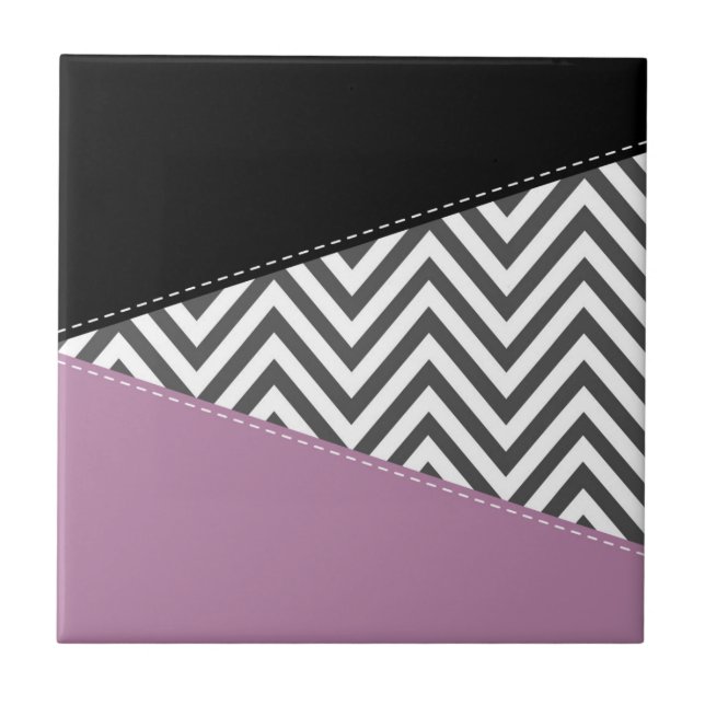Gray Zigzag, Gray Chevron, Zigzag Pattern, Purple Ceramic Tile (Front)
