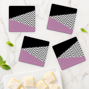 Gray Zigzag, Gray Chevron, Zigzag Pattern, Purple Coaster Set