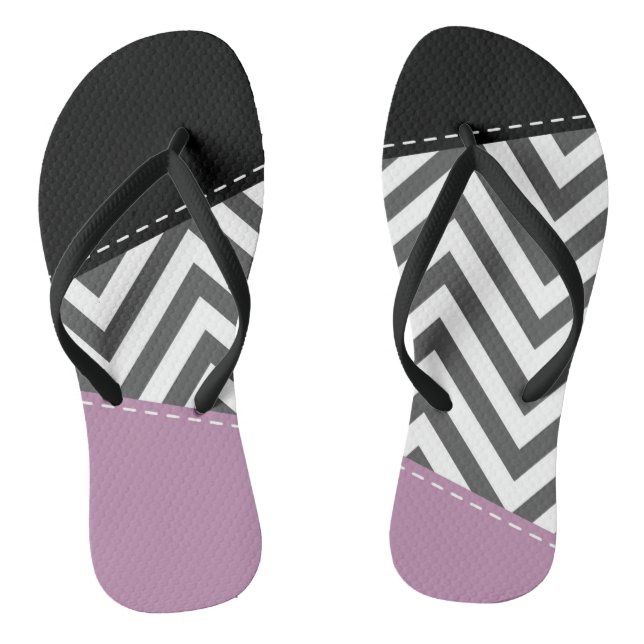 Gray Zigzag, Gray Chevron, Zigzag Pattern, Purple Flip Flops (Footbed)