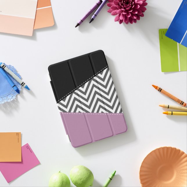 Gray Zigzag, Gray Chevron, Zigzag Pattern, Purple iPad Mini Cover (In Situ)